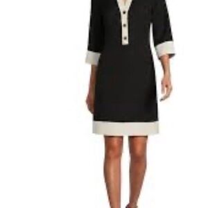 Contrast Trim Black Mini Dress with Button Placket